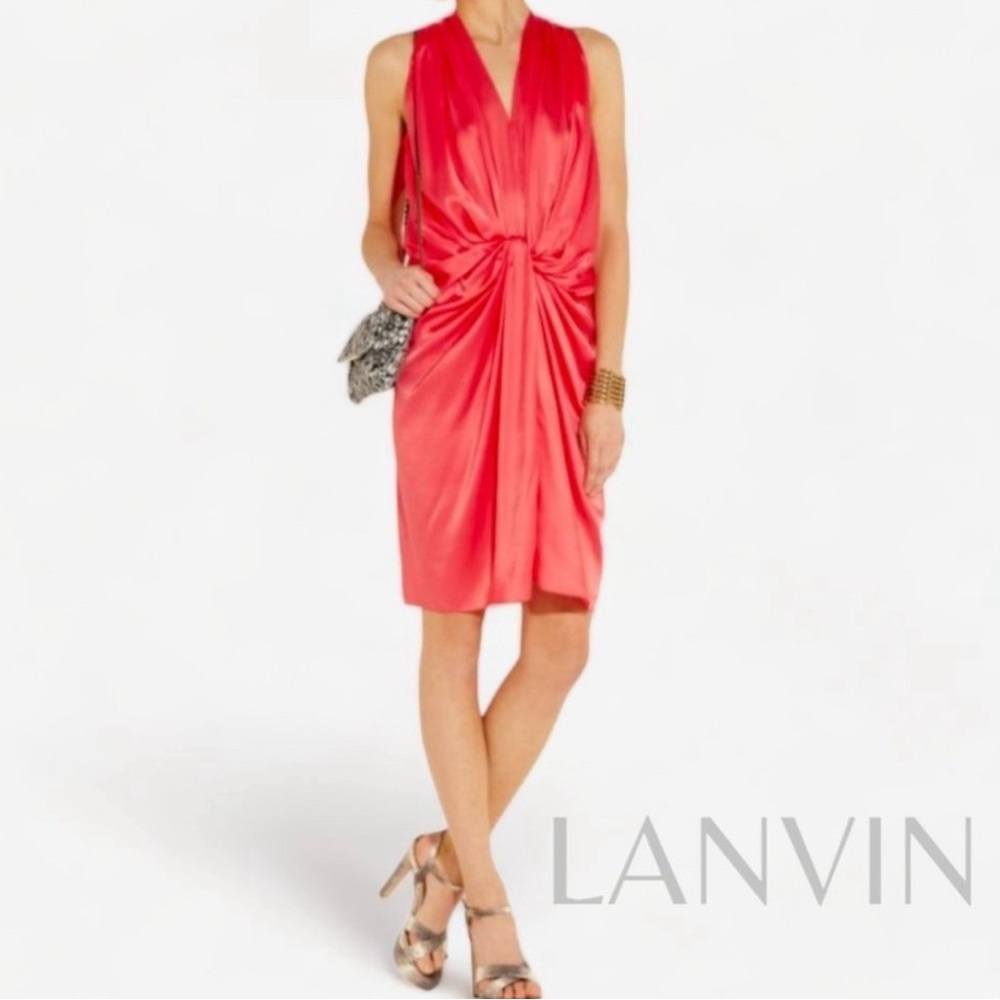 LANVIN coral red Geranium Knotted Draped Fluid 100% Silk Blouson Dress T44